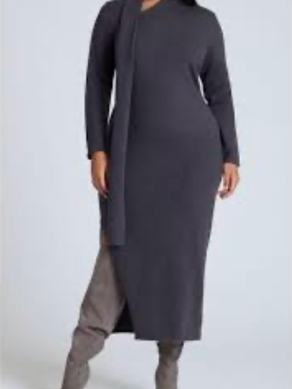 Eloquii Charcoal Gray Long-Sleeve Side Slit Knit Dress with Scarf Tie Sz 14/16